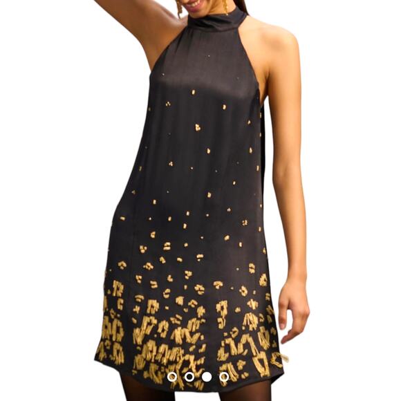 Anthropologie Beaded Halter Dress Black Flapper Gold Sequin Fringe Gatsby Party - Picture 11 of 12